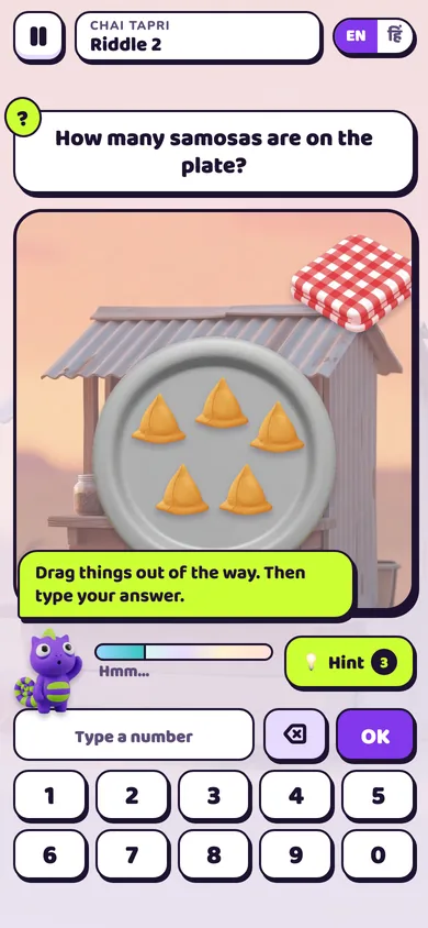 Samosa riddle with a napkin dragged away and a number pad